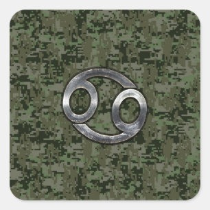 Cancer Zodiac Symbol on Woodland Digital Camo Square Sticker