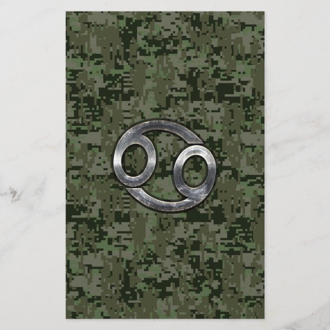 Cancer Zodiac Symbol on Woodland Digital Camo Stationery (Front)