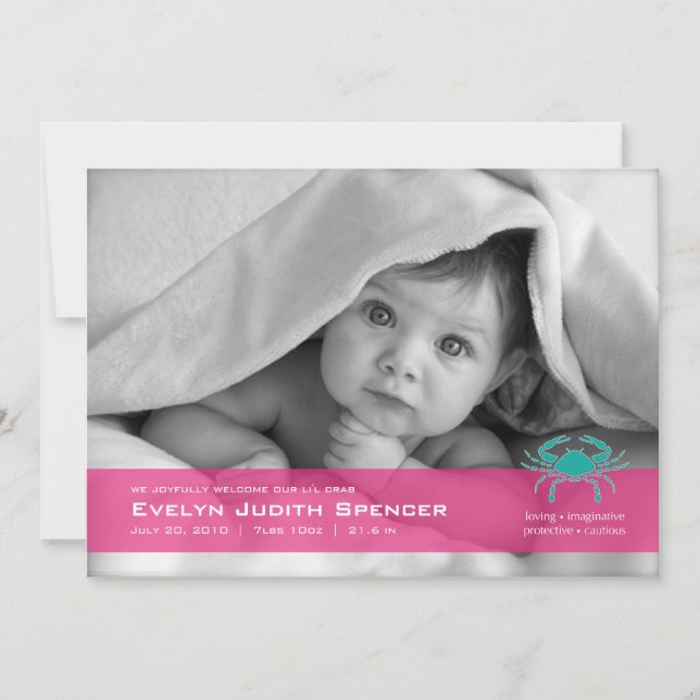 Cancerian the Crab Photo Birth Announcement Card (Front)