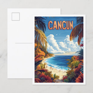 Cancun Beach Mexico Vintage Illustration Travel Postcard