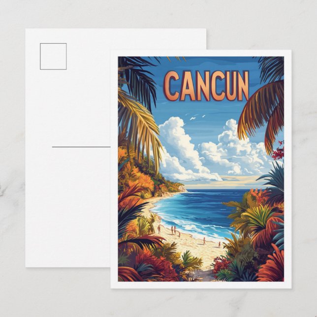 Cancun Beach Mexico Vintage Illustration Travel Postcard (Front/Back)