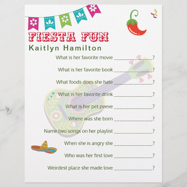 Cancun Fiesta Mexican Baby Shower Question Game  (Front)