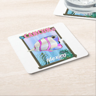 Cancun Mexican tropical travel poster Square Paper Coaster