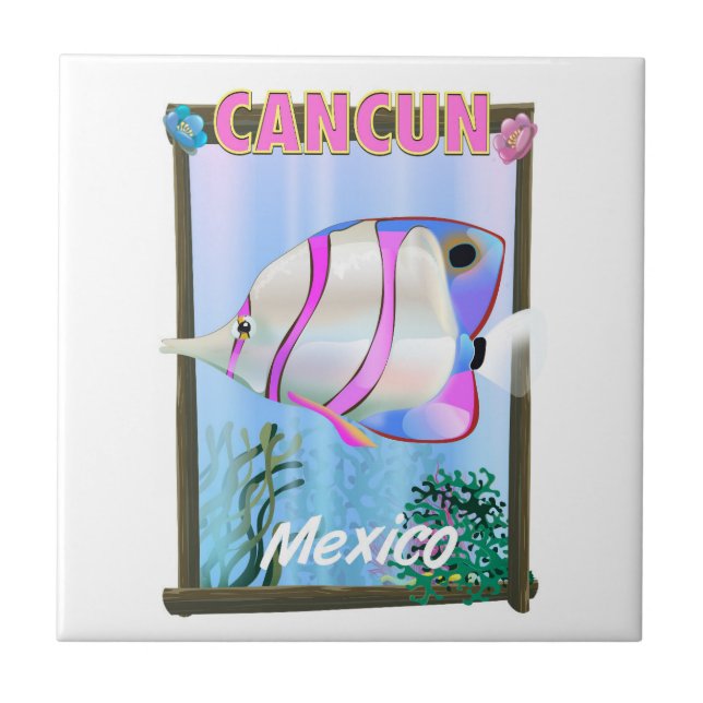 Cancun Mexican tropical travel poster Tile (Front)