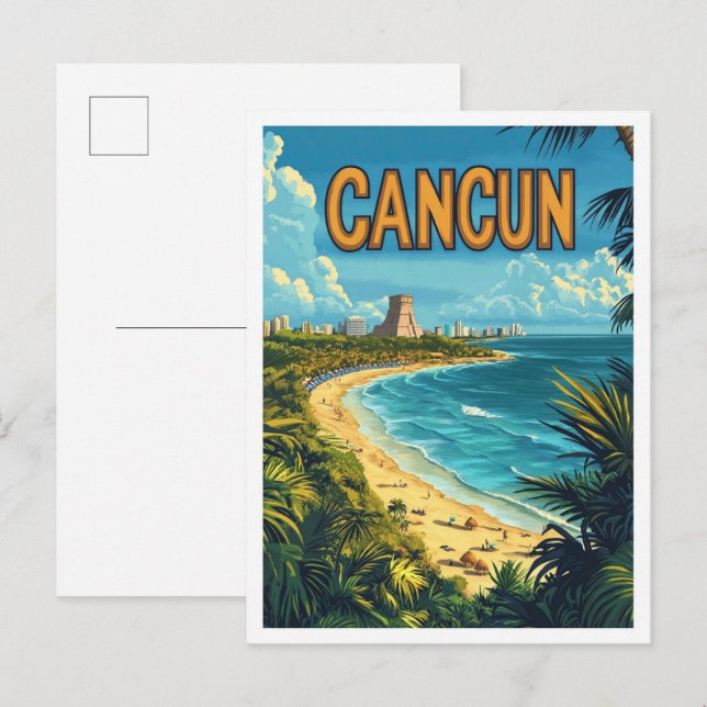 Cancun Mexico Art Vintage Illustration Travel Postcard (Front/Back)