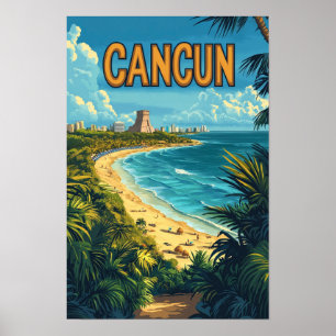 Cancun Mexico Art Vintage Illustration Travel Poster