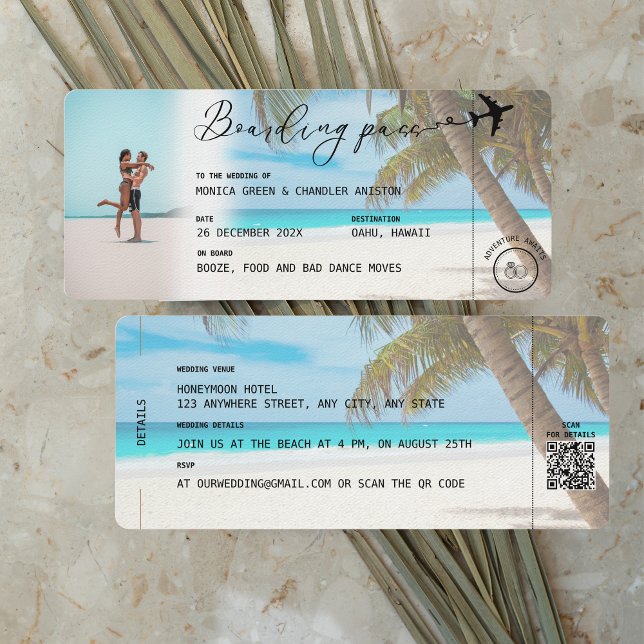CANCUN Mexico Beach Boarding Pass QR Photo Wedding Invitation (Creator Uploaded)