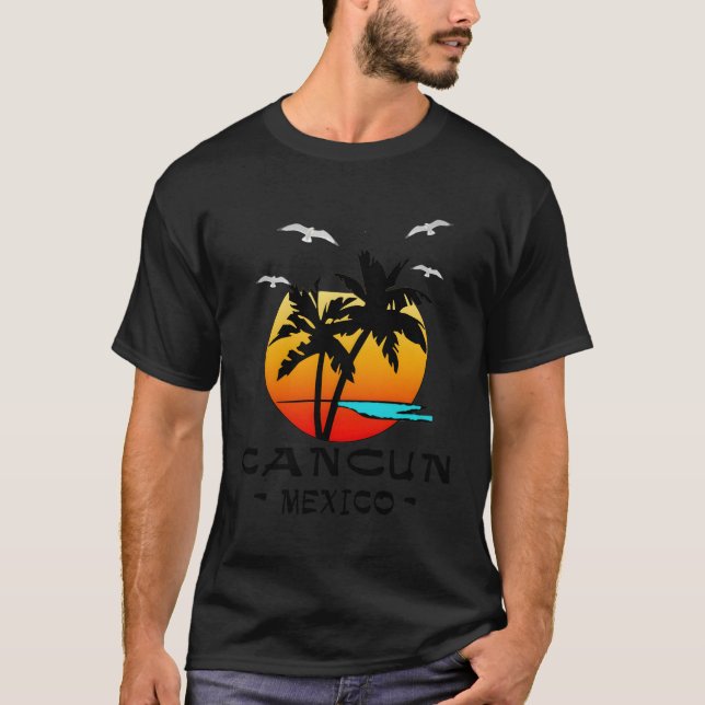 Cancun Mexico Caribbean Beach Sea Palms Seagulls T-Shirt (Front)