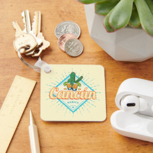 Cancun Mexico Dancing Cactus Vintage Tequila Key Ring