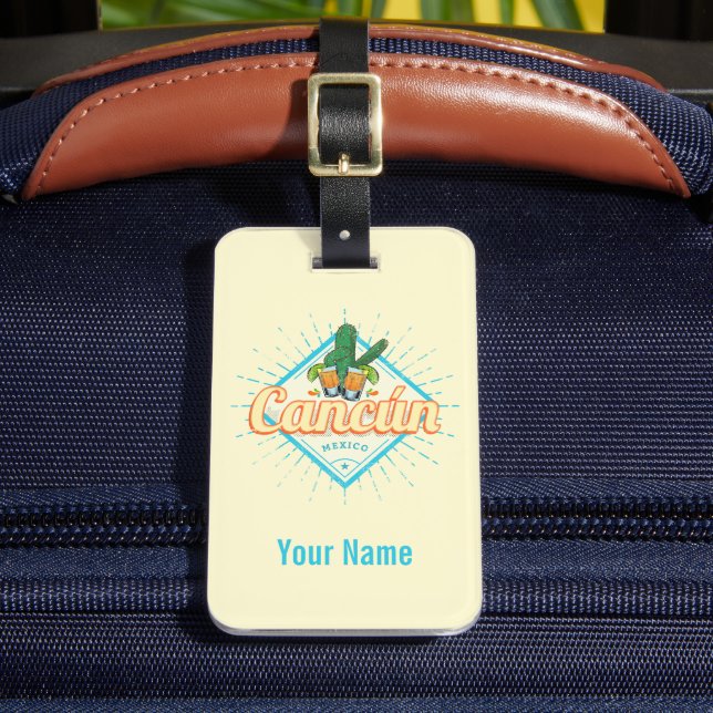 Cancun Mexico Dancing Cactus Vintage Tequila Luggage Tag (Front Insitu 2)