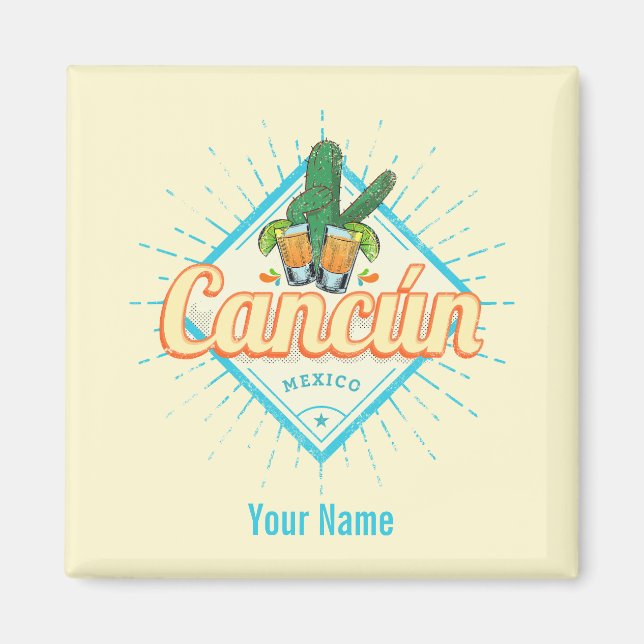 Cancun Mexico Dancing Cactus Vintage Tequila Magnet (Front)