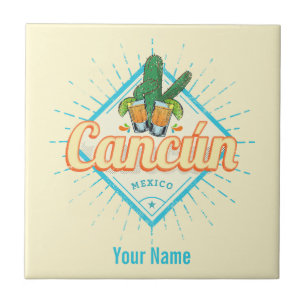 Cancun Mexico Dancing Cactus Vintage Tequila Tile