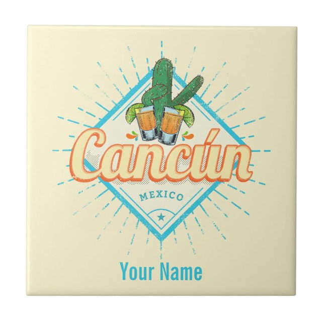 Cancun Mexico Dancing Cactus Vintage Tequila Tile (Front)