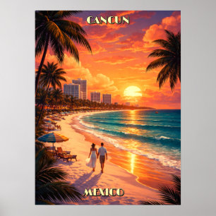 Cancun, Mexico Retro Art Deco Colour Tourism Poster
