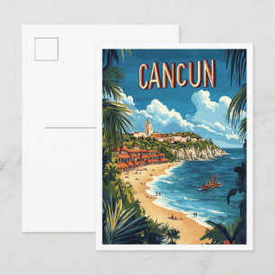 Cancun Mexico Vintage Illustration Travel Postcard