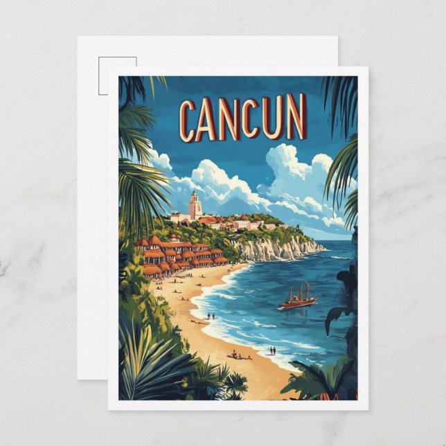 Cancun Mexico Vintage Illustration Travel Postcard (Front/Back)