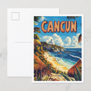 Cancun Mexico Vintage Illustration Travel Postcard