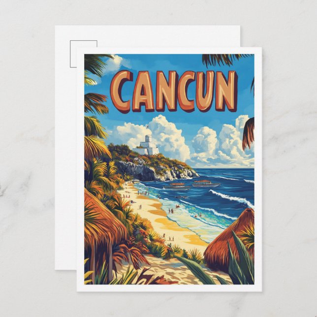 Cancun Mexico Vintage Illustration Travel Postcard (Front/Back)