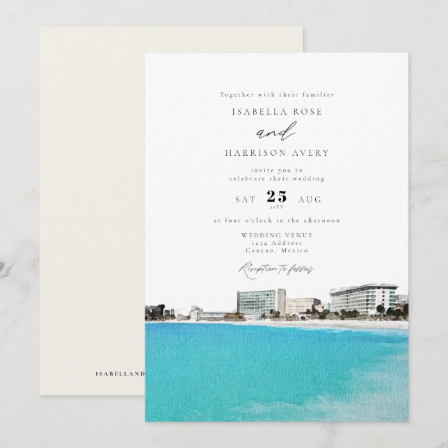 CANCUN Mexico Watercolor Skyline Wedding Invitation (Front/Back)