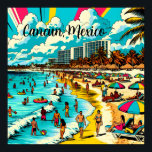Cancun, Mexico with a Pop Art Vibe Poster<br><div class="desc">Pop art comic book style art scene of a beach with a vintage vibes. AI Art depicts people having fun on the beach shoreline with hotels and and apartments buildings in the background,  pretty palm trees,  colourful umbrellas and a gorgeous blue cloudy sky in Cancun,  Mexico.</div>