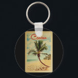 Cancun Palm Tree Vintage Travel Key Ring<br><div class="desc">A uniquely retro mid-century modern Cancun Mexico art print in vintage travel poster style. It features a curved palm tree on sandy beach with ocean under a blue cloudy sky.</div>