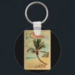 Cancun Palm Tree Vintage Travel Key Ring<br><div class="desc">A uniquely retro mid-century modern Cancun Mexico art print in vintage travel poster style. It features a curved palm tree on sandy beach with ocean under a blue cloudy sky.</div>