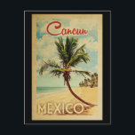 Cancun Palm Tree Vintage Travel Postcard<br><div class="desc">A uniquely retro mid-century modern Cancun Mexico art print in vintage travel poster style. It features a curved palm tree on sandy beach with ocean under a blue cloudy sky.</div>