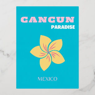 Cancun Travel Art, Mexico Travel Art, Preppy, Blue Foil Holiday Postcard
