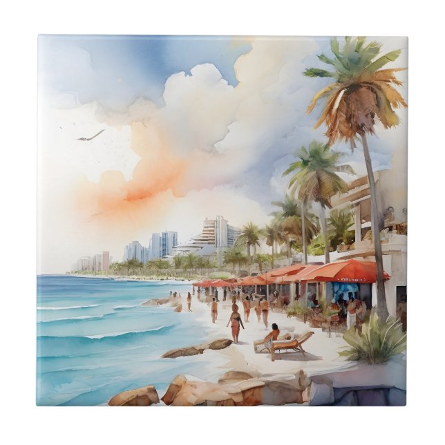 Cancun watercolor art tile (Front)