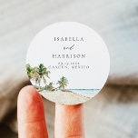 CANCUN Watercolor Beach Palm Tree Destination Classic Round Sticker<br><div class="desc">The Cancun Collection features a watercolor painting of sandy beaches and tropical palm trees with a simple modern font combination. Edit the names for your wedding to add a special touch.</div>