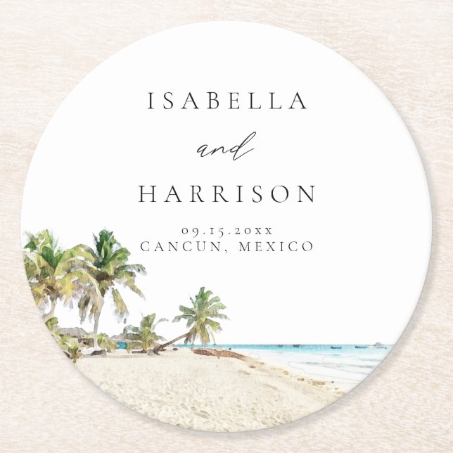CANCUN Watercolor Beach Palm Tree Destination Round Paper Coaster (Front)