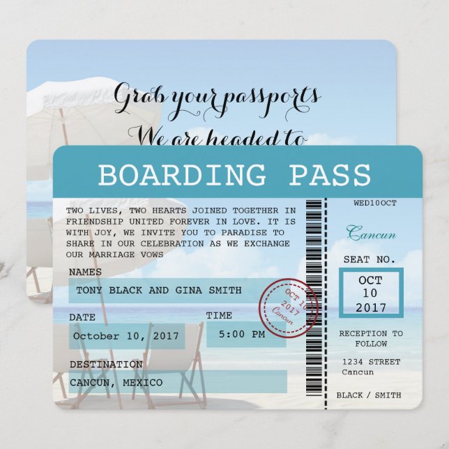Cancun Wedding Boarding Pass Invitation (Front/Back)
