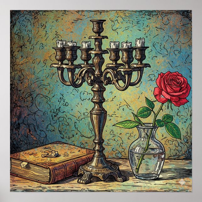 Candelabra and Rose Still Life Poster (Front)
