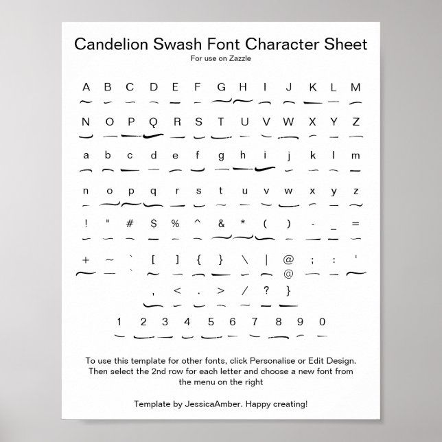 Candelion Swash Font Character Sheet for Zazzle Poster (Front)