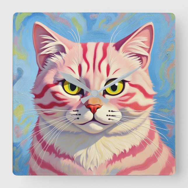 “Candice” A Cherry Striped Mystique – Cat Portrait Square Wall Clock (Front)