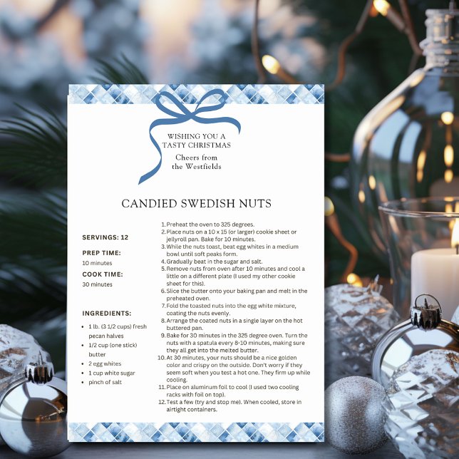 Candied Swedish Nuts Recipe Christmas Card (Dusty Blue Check Pattern Candied Swedish Nuts Recipe Christmas Card)