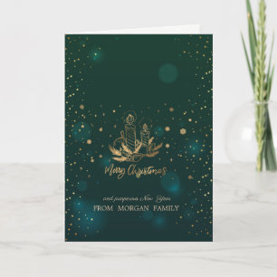 Candle,Balls,Pine Tree Branches Snowflakes Green Holiday Card