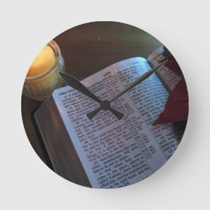 Candle, Bible, and Poinsetta Round Clock