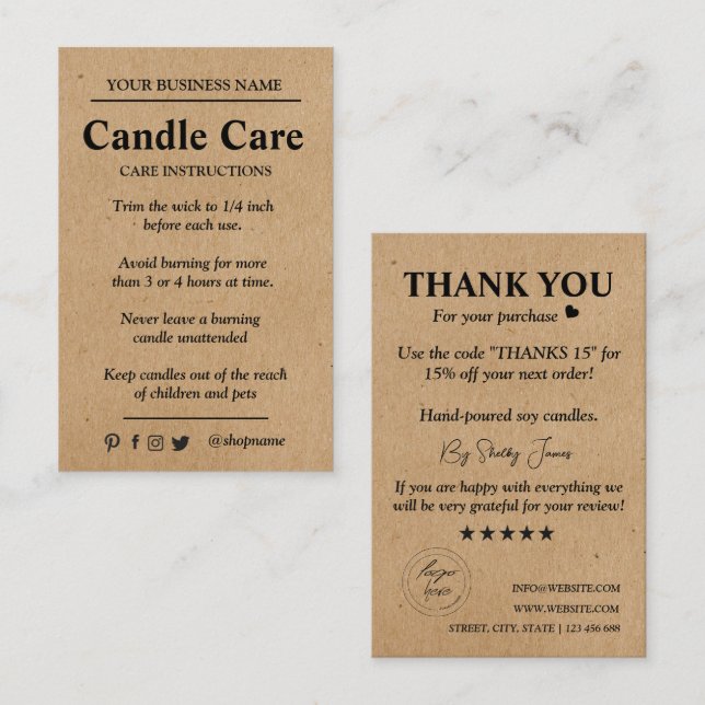 Candle Care Kraft Paper | Custom Logo Thank You  Business Card (Front/Back)