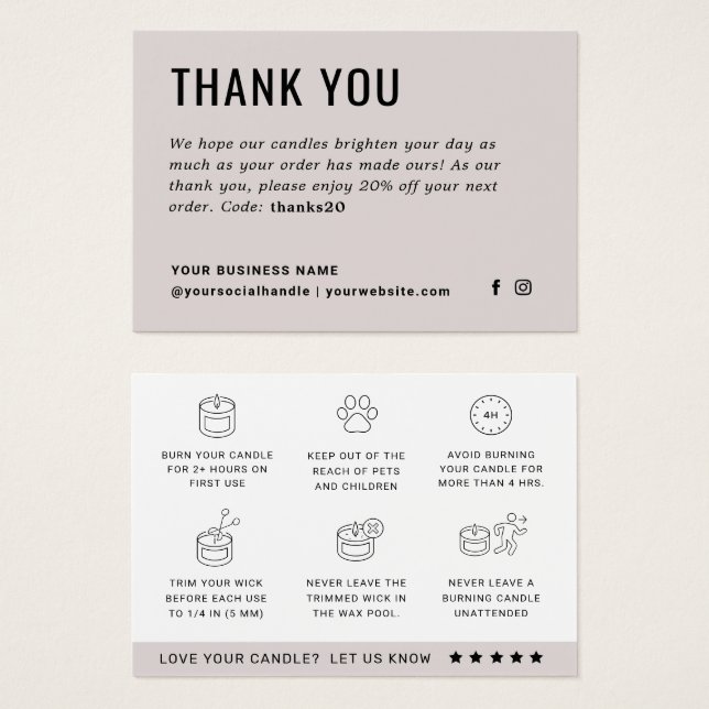 Candle Care Thank You Instruction Card (Front & Back)