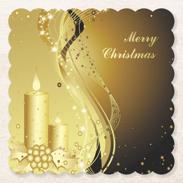 Candle Christmas Holly on Sparkling Background Paper Coaster (Front)