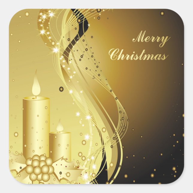 Candle Christmas Holly on Sparkling Background Square Sticker (Front)