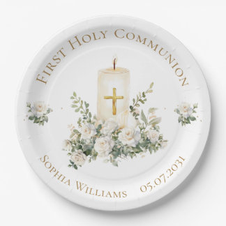 Candle Cross Flowers First Holy Communion  Paper Plate