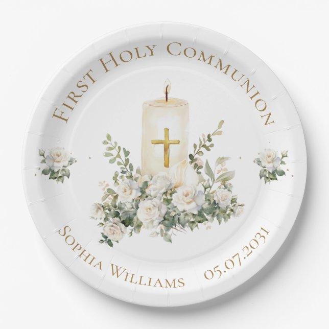 Candle Cross Flowers First Holy Communion  Paper Plate (Front)