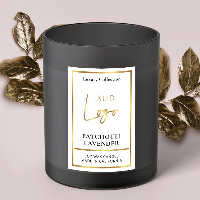Candle Jar Packaging Label Gold Logo Elegant (White and gold logo rectangle product stickers for candle jars, wax melt clamshells, doy packs etc.)
