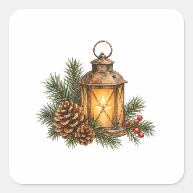 Candle Lantern and Pine Branches Square Sticker (Front)