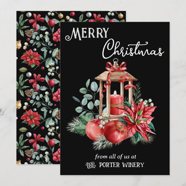 Candle Lantern Poinsettias and Apples Business Holiday Card (Front/Back)