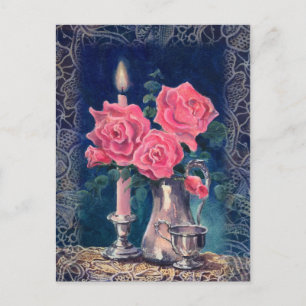 CANDLE LIGHT & ROSES by SHARON SHARPE Postcard