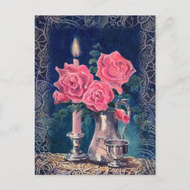 CANDLE LIGHT & ROSES by SHARON SHARPE Postcard (Front)