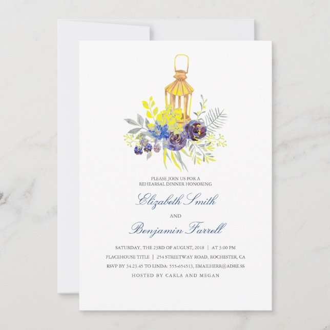 Candle Lit Lantern  Blue Yellow Rehearsal Dinner Invitation (Front)
